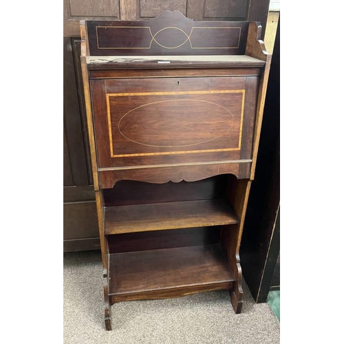 58 - LATE 19TH CENTURY INLAID MAHOGANY STUDENTS DESK WITH FALL FRONT WITH OPEN SHELVES BELOW,  122 CM TAL... 