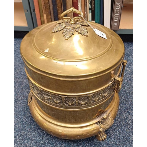 75 - LATE 19TH OR EARLY 20TH CENTURY BRASS BIN WITH BRASS LIONS PAW SUPPORTS