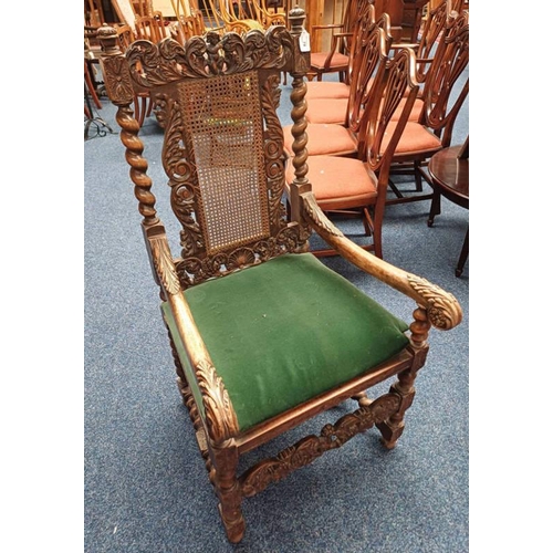 78 - 19TH CENTURY OAK HALL CHAIR WITH DECORATIVE CARVED BACK & BERGERE PANEL WITH SHAPED ARMS & BARLEY TW... 