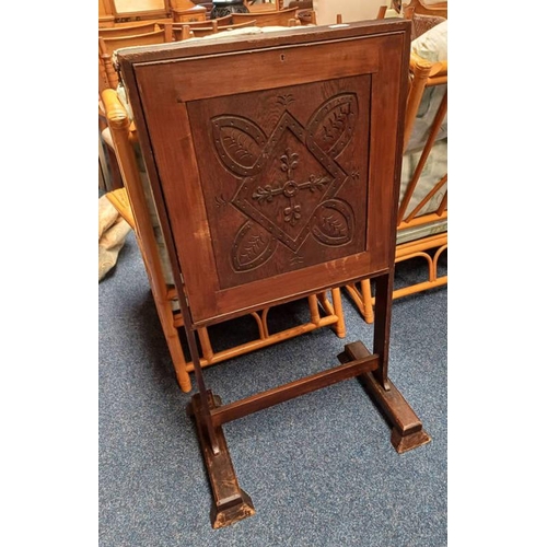 82 - ARTS & CRAFTS STYLE CABINET WITH DECORATIVE CARVED PANEL FALL FRONT