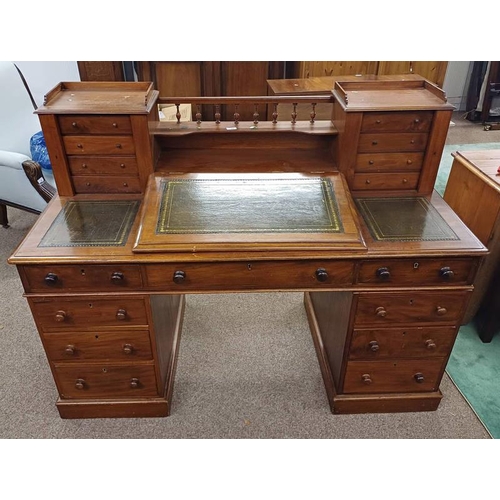 85 - 19TH CENTURY MAHOGANY DESK WITH GALLERY BACK, 2 SETS OF 4 SMALL DRAWERS OVER FITTED LEATHER TOP WITH... 