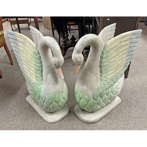 98 - PAIR OF DECORATIVE CARVED WOODEN SWAN FIGURES ON PLINTH BASES, 76CM TALL