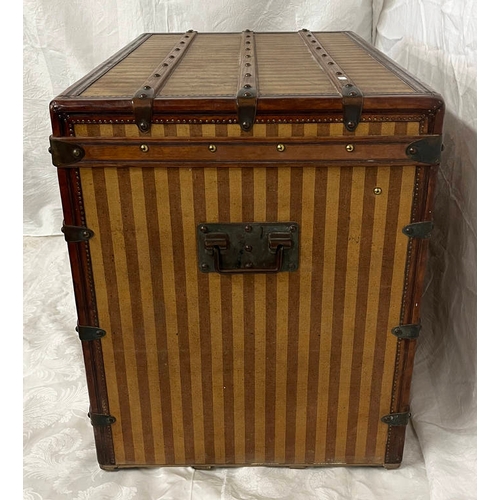 1 - LOUIS VUITTON BEIGE & BROWN STRIPED CANVAS LEATHER BOUND TRUNK WITH METAL MOUNTS 68CM TALL X 86CM WI... 