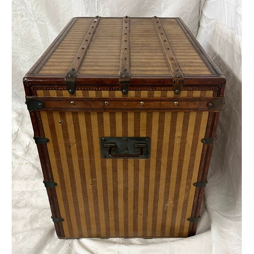 1 - LOUIS VUITTON BEIGE & BROWN STRIPED CANVAS LEATHER BOUND TRUNK WITH METAL MOUNTS 68CM TALL X 86CM WI... 