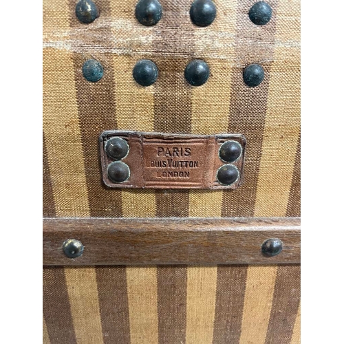 1 - LOUIS VUITTON BEIGE & BROWN STRIPED CANVAS LEATHER BOUND TRUNK WITH METAL MOUNTS 68CM TALL X 86CM WI... 