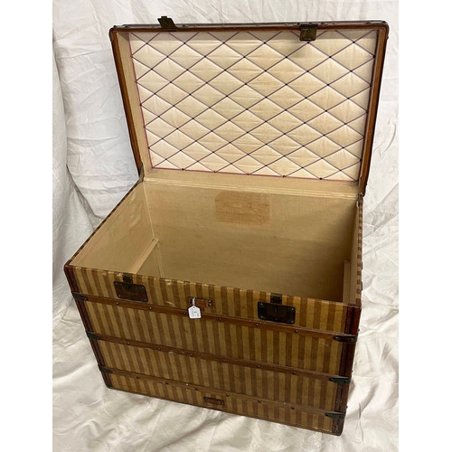 1 - LOUIS VUITTON BEIGE & BROWN STRIPED CANVAS LEATHER BOUND TRUNK WITH METAL MOUNTS 68CM TALL X 86CM WI... 