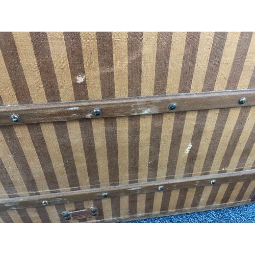 1 - LOUIS VUITTON BEIGE & BROWN STRIPED CANVAS LEATHER BOUND TRUNK WITH METAL MOUNTS 68CM TALL X 86CM WI... 