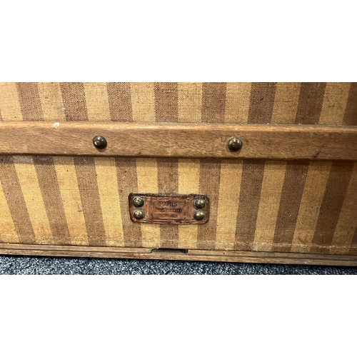 1 - LOUIS VUITTON BEIGE & BROWN STRIPED CANVAS LEATHER BOUND TRUNK WITH METAL MOUNTS 68CM TALL X 86CM WI... 