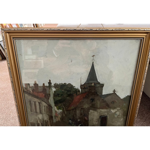 1020 - GILT FRAMED OIL PAINTING OF A SCOTTISH TOWN SCENE, INDISTINCTLY SIGNED A  MACDONALD, 60 X 45 CM