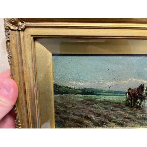 1190 - ARTHUR WARDLE,   HORSES PLOUGHING FIELD SIGNED TO REVERSE & DATED 1890 GILT FRAMED OIL ON BOARD 12 X... 