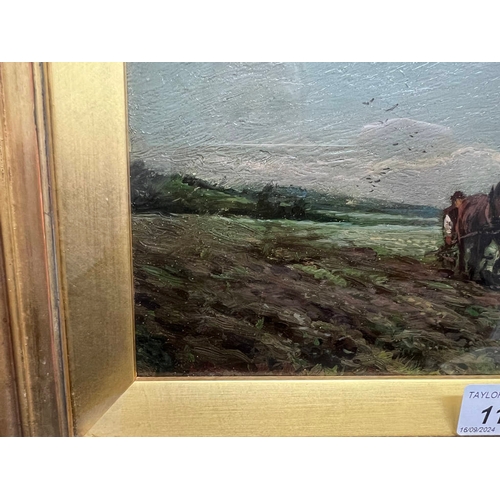 1190 - ARTHUR WARDLE,   HORSES PLOUGHING FIELD SIGNED TO REVERSE & DATED 1890 GILT FRAMED OIL ON BOARD 12 X... 