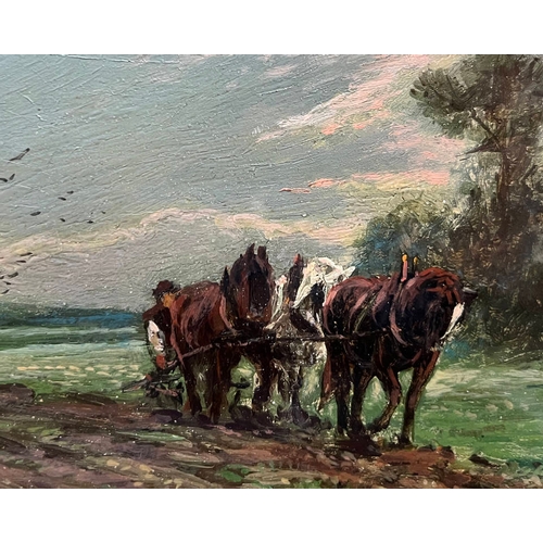 1190 - ARTHUR WARDLE,   HORSES PLOUGHING FIELD SIGNED TO REVERSE & DATED 1890 GILT FRAMED OIL ON BOARD 12 X... 