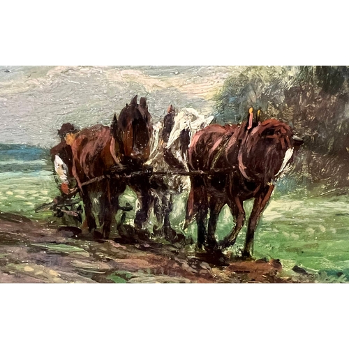 1190 - ARTHUR WARDLE,   HORSES PLOUGHING FIELD SIGNED TO REVERSE & DATED 1890 GILT FRAMED OIL ON BOARD 12 X... 