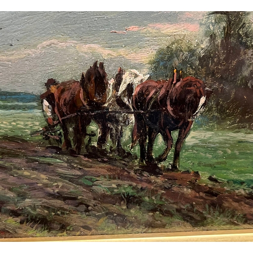 1190 - ARTHUR WARDLE,   HORSES PLOUGHING FIELD SIGNED TO REVERSE & DATED 1890 GILT FRAMED OIL ON BOARD 12 X... 