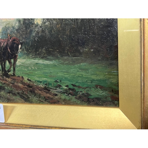 1190 - ARTHUR WARDLE,   HORSES PLOUGHING FIELD SIGNED TO REVERSE & DATED 1890 GILT FRAMED OIL ON BOARD 12 X... 