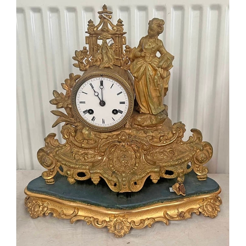 1061A - FRENCH GILT MANTLE CLOCK WITH CLASSICAL FEMALE FIGURE AND SCROLLING FOLIAGE TO BODY, WHITE CIRCULAR ... 