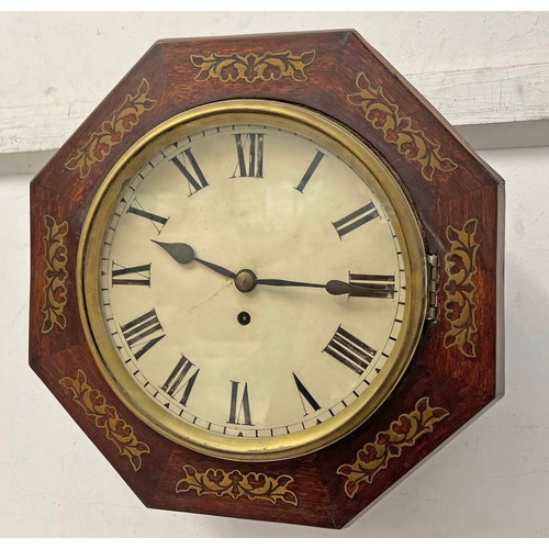 1062 - BRASS INLAID MAHOGANY WALL CLOCK WITH FUSEE MOVEMENT, 38CM ACROSS