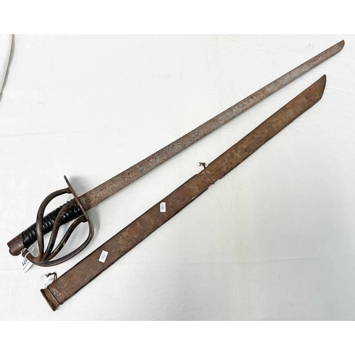 1071 - FRENCH STYLE THREE BAR HILTED SWORD WITH 79 CM LONG STRAIGHT BLADE WITH ASSOCIATED SCABBARD