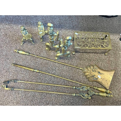 1086 - PAIR OF BRASS FIRE DOGS AND BRASS FIRE IRONS UTENSILS, BRASS TRIVET AND TWO BRASS MONKEY FIGURE STAN... 