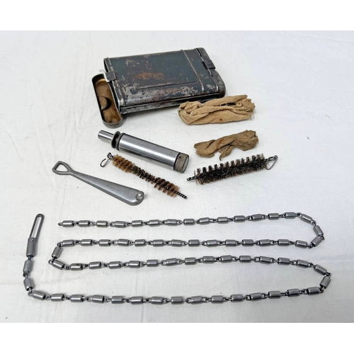 1088 - WW2 GERMAN K98 MAUSER GUN CLEANING KIT WITH BOTTLE, CHAIN, 2 BRUSHES, ETC, CASE WITH MARKINGS