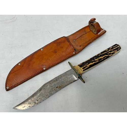 1103 - WOSTENHOLM & SON WASHINGTON WORKS IXL BOWIE KNIFE WITH 14.3CM LONG BLADE WITH ANTLER STYLE GRIP & IT... 