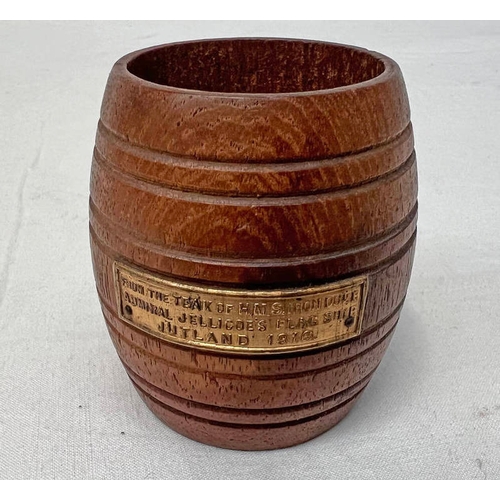 1106 - CARVED WOODEN BARREL WITH PLAQUE - FROM THE TEAK OF HMS IRON DUKE ADMIRAL JELLICOES FLAG SHIP JUTLAN... 