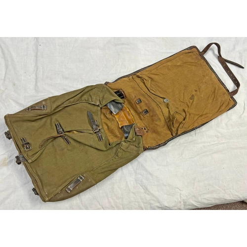 1138 - WW2 GERMAN ARMY BACK PACK OF CANVAS AND LEATHER CONSTRUCTION, HIDE  COVERING TO EXTERIOR, SOLDIERS N... 