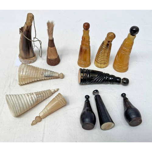 1145 - SELECTION OF PISTOL POWDER FLASKS MADE OF HORN, HARDWOOD, ETC