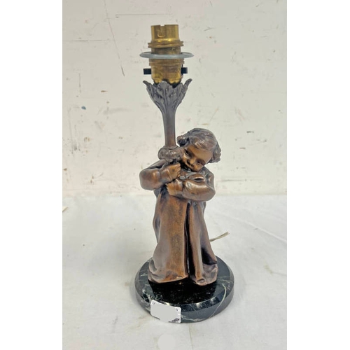 1479 - MEDNAT BRONZE CHILD TABLE LAMP ON HARDSTONE BASE, SIGNED TO REAR, 31CM TALL