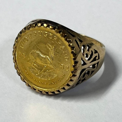 186 - 9CT GOLD 1982 1/10 KRUGERRAND SIGNET RING - 6.8G, RING SIZE R