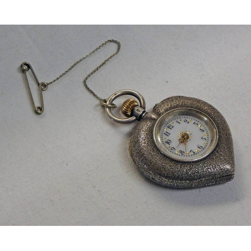 254 - 935 SILVER HEART SHAPED FOB WATCH, THE REVERSE WITH ENAMEL BIRD DECORATION - 3 CM WIDE