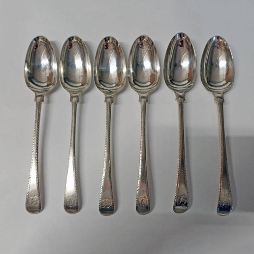 278 - SET OF 6 18TH CENTURY  SILVER FEATHER EDGE TABLESPOONS, LONDON CIRCA 1760 - 390G