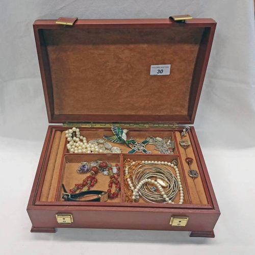 30 - BROWN LEATHER JEWELLERY BOX & CONTENTS TO INCLUDE HONG KONG SILVER BRACELET, VARIOUS BANGLES , 925 S... 