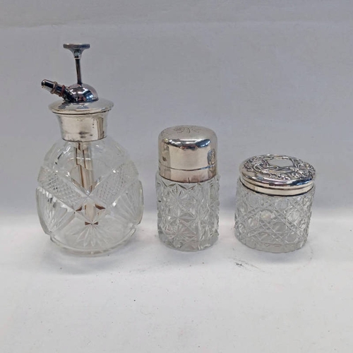 316 - STERLING SILVER MOUNTED CUT GLASS ATOMISER & SILVER TOPPED GLASS DRESSING TABLE JARS