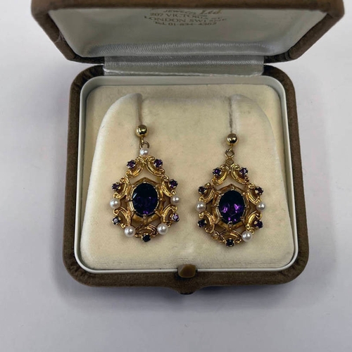 334 - PAIR 9CT GOLD AMETHYST & PEARL EARRINGS, THE CENTRAL OVAL FACETED AMETHYST IN A PIERCED SETTING WITH... 