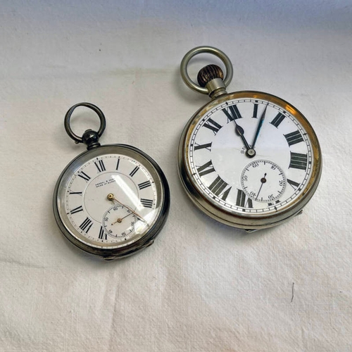 340 - SILVER OPEN FACE POCKET WATCH BY KENDAL & DENT AND A GOLIATH 8 DAYS POCKET WATCH