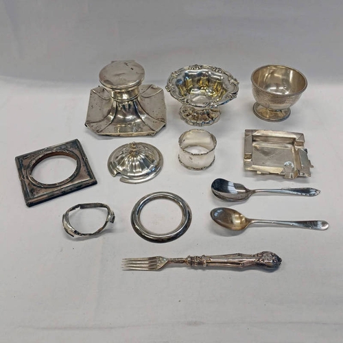 346 - SELECTION OF VARIOUS SILVER INCLUDING INKWELL, SPOONS, NAPKIN RING, VICTORIAN SILVER FORK, ETC - 130... 