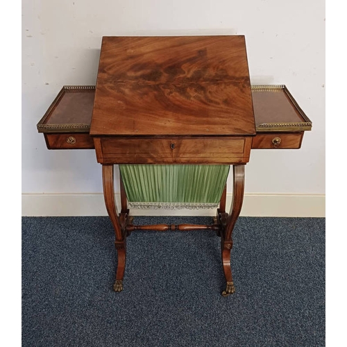 5000 - REGENCY MAHOGANY SEWING TABLE WITH ADJUSTABLE SLOPE TOP, BRASS FIXTURES & 4 DRAWERS ON SHAPED ENDS T... 