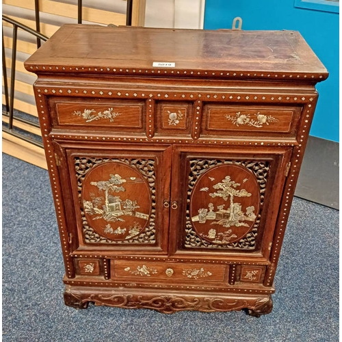 5019 - EASTERN HARDWOOD CABINET WITH MOTHER OF PEARL ORIENTAL SCENE DECORATION & 2 PANEL DOORS (AS FOUND)