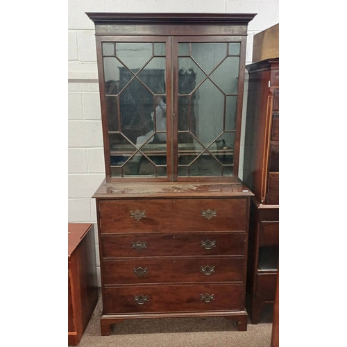 5021 - 19TH CENTURY MAHOGANY SECRETAIRE BOOKCASE WITH 2 ASTRAGAL GLASS PANEL DOORS OVER BASE WITH FALL FRON... 