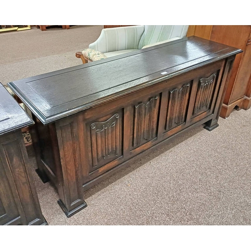 5023 - LARGE OAK COFFER WITH CARVED LINEN FOLD DECORATION TO FRONT, 152CM LONG