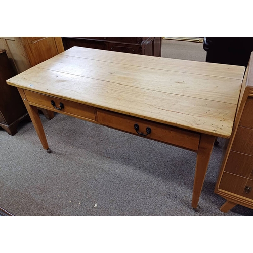 5027 - PINE KITCHEN TABLE WITH 2 DRAWERS TO SIDE ON SQUARE TAPERING SUPPORTS, 160CM LONG