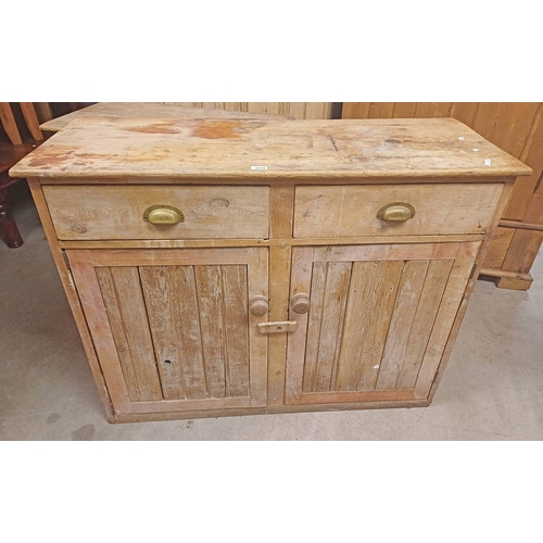 5028 - 20TH CENTURY PINE CABINET WITH 2 DRAWERS OVER 2 PANEL DOORS, 94CM TALL X 119CM WIDE