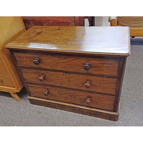 5031 - 19TH CENTURY MAHOGANY CHEST OF 3 LONG DRAWERS ON PLINTH BASE, 76CM TALL X 102CM LONG