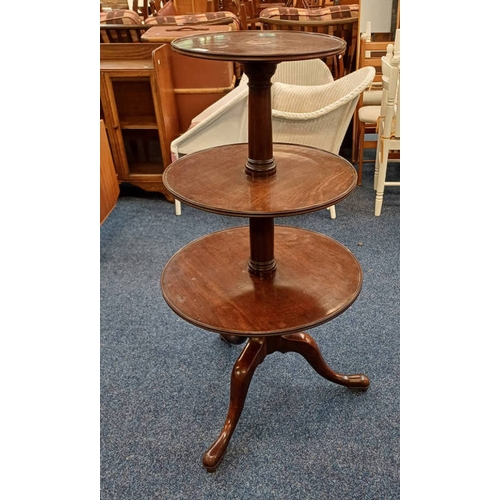 5038 - 19TH CENTURY MAHOGANY DUMB WAITER WITH 3 GRADUATED SHELVES ON 3 SPREADING SUPPORTS, 113CM TALL