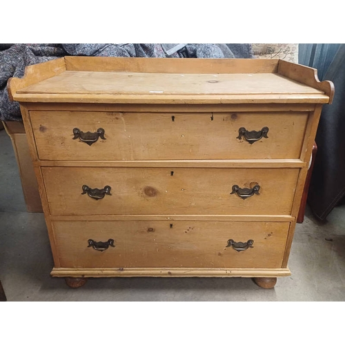 5040 - PINE CHEST WITH 3/4 GALLERY TOP & 3 DRAWERS, 83CM TALL X 88CM WIDE