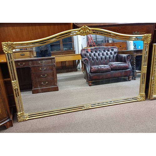 5047 - LARGE DECORATIVE GILT FRAMED OVERMANTLE MIRROR. GLASS DIMENSIONS: 95 CM X 168 CM