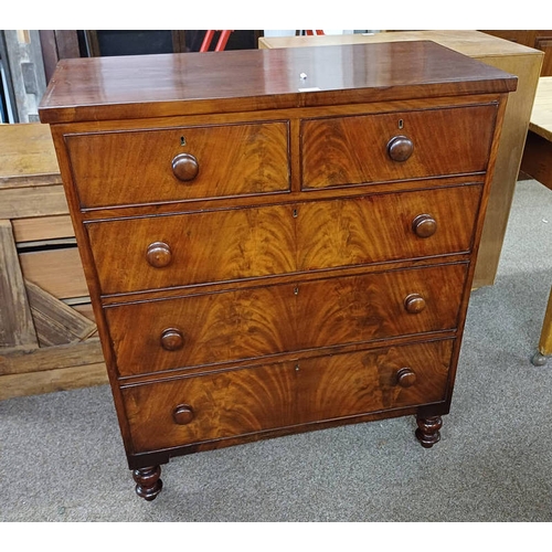 5050 - 19TH CENTURY MAHOGANY CHEST OF 2 SHORT OVER 3 LONG DRAWERS ON TURNED SUPPORTS, 104CM TALL X 90CM WID... 