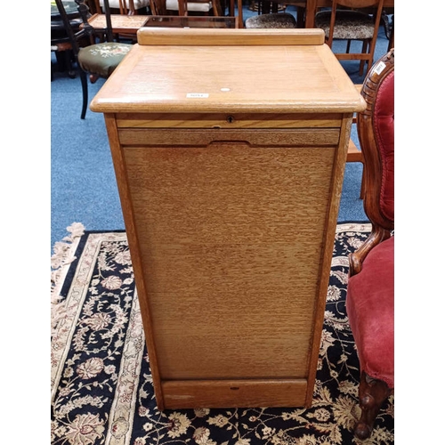 5051 - 20TH CENTURY OAK TAMBOUR FILING CABINET LABELLED ABBESS OFFICE EQUIPMENT - NO KEY PRESENT.  97CM TAL... 