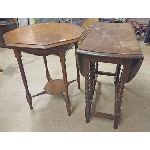 5056 - OAK DROP LEAF TABLE ON BARLEY TWIST SUPPORTS & OAK OCTAGONAL TABLE